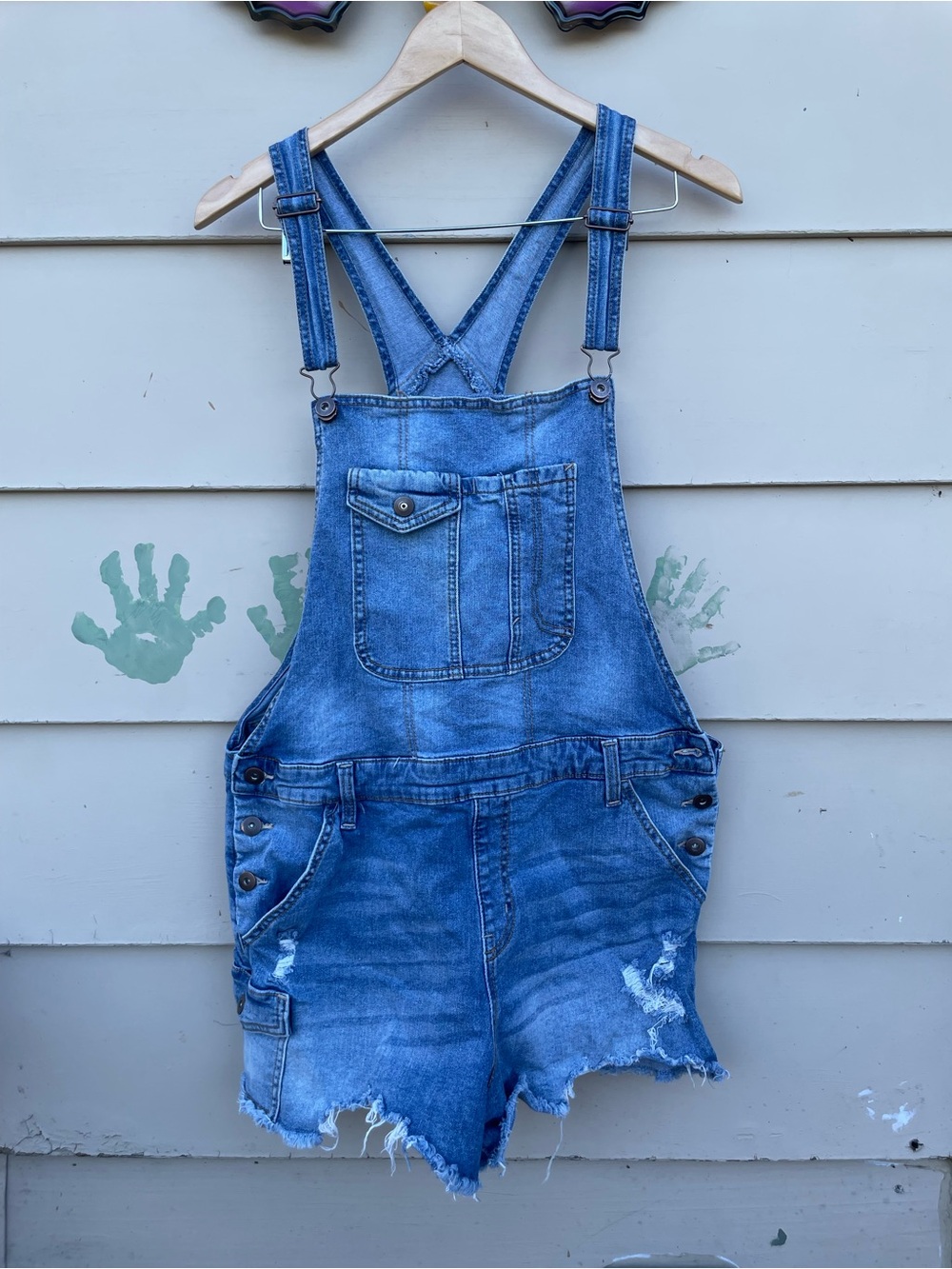 No Boundaries Washed Blue Denim Cut Off Short Overalls